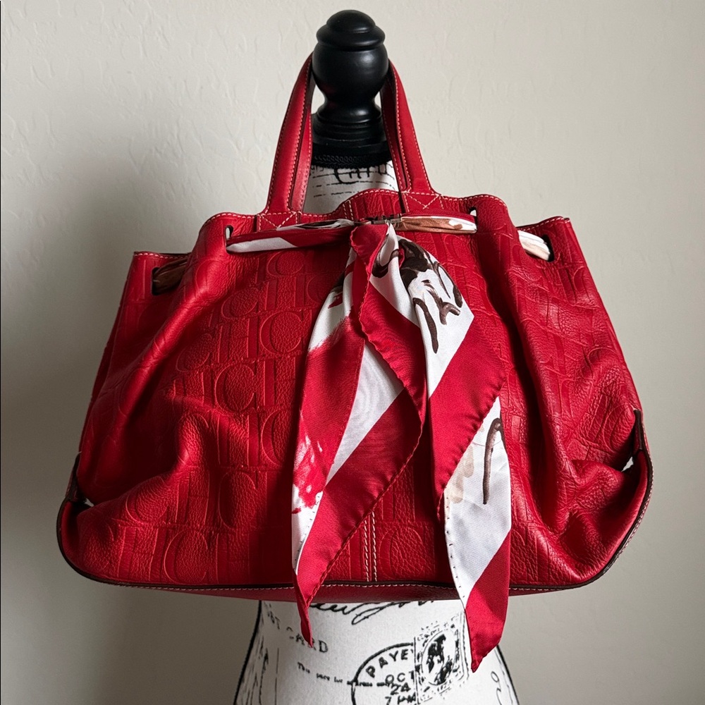 Vintage Carolina Herrera Red Leather Monogram Shoulder Bag